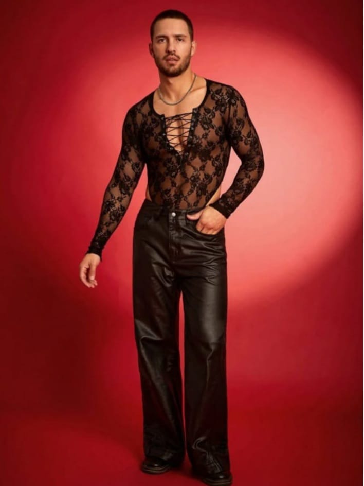 men's lace crossed strap see-though long sleeve bodysuit